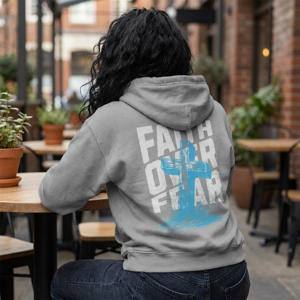Faith Over Fear full back design.  Men's NUBLEND® Hooded Sweatshirt